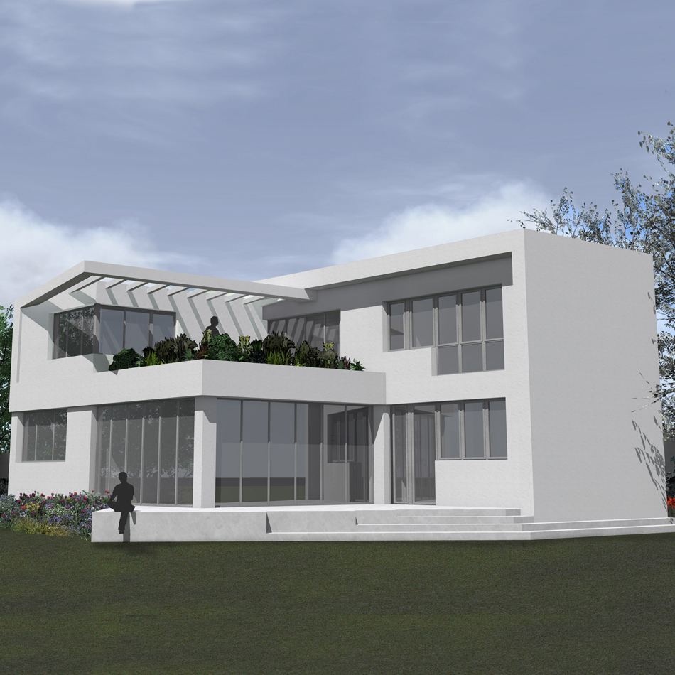 la maison neuve aura de grandes baies vitrées au rez de chaussée et à l'étage et des brises soleil au 1er étage